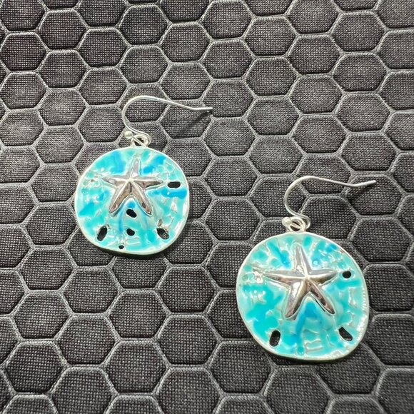 Venice By The Sea Jewelry Jewelry - Star Fish and Sand Dollar Earrings Aqua and Silver 18K White Gold Plated